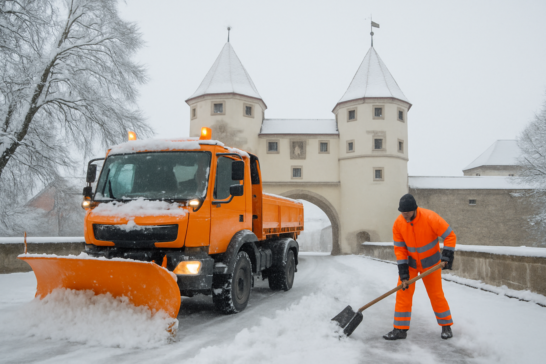 Das mit Künstlicher Intelligenz erstellt Foto zeigt das Nabburger Tor im Winter. Davor steht ein Räumfahrzeug und ein Arbeiter mit Schneeschaufel.