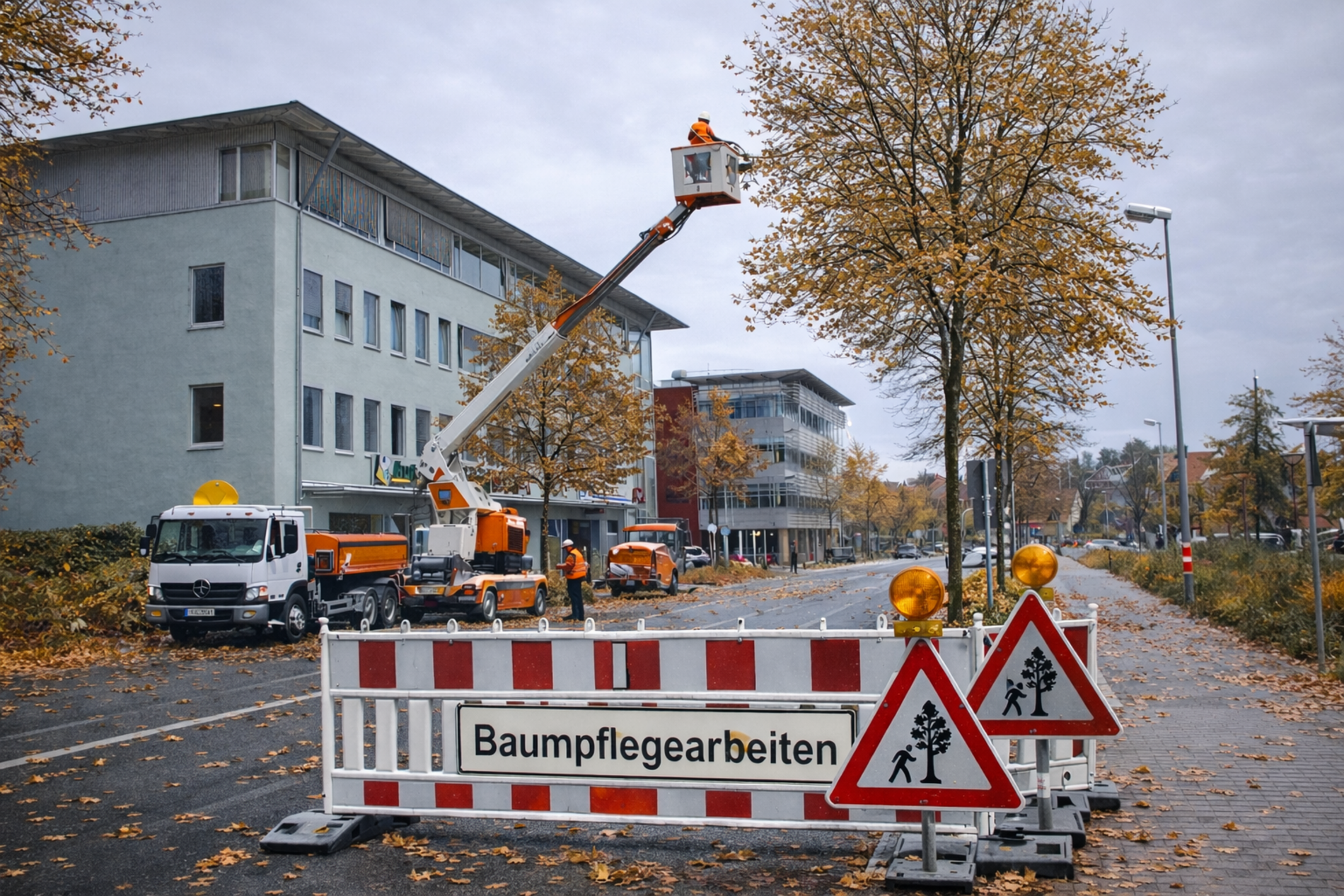 Das Foto zeigt eine gesperrte Strraße. Auf einem Kranwagen steht ein Arbeiter und schneidet an einem Baum Äste weg.