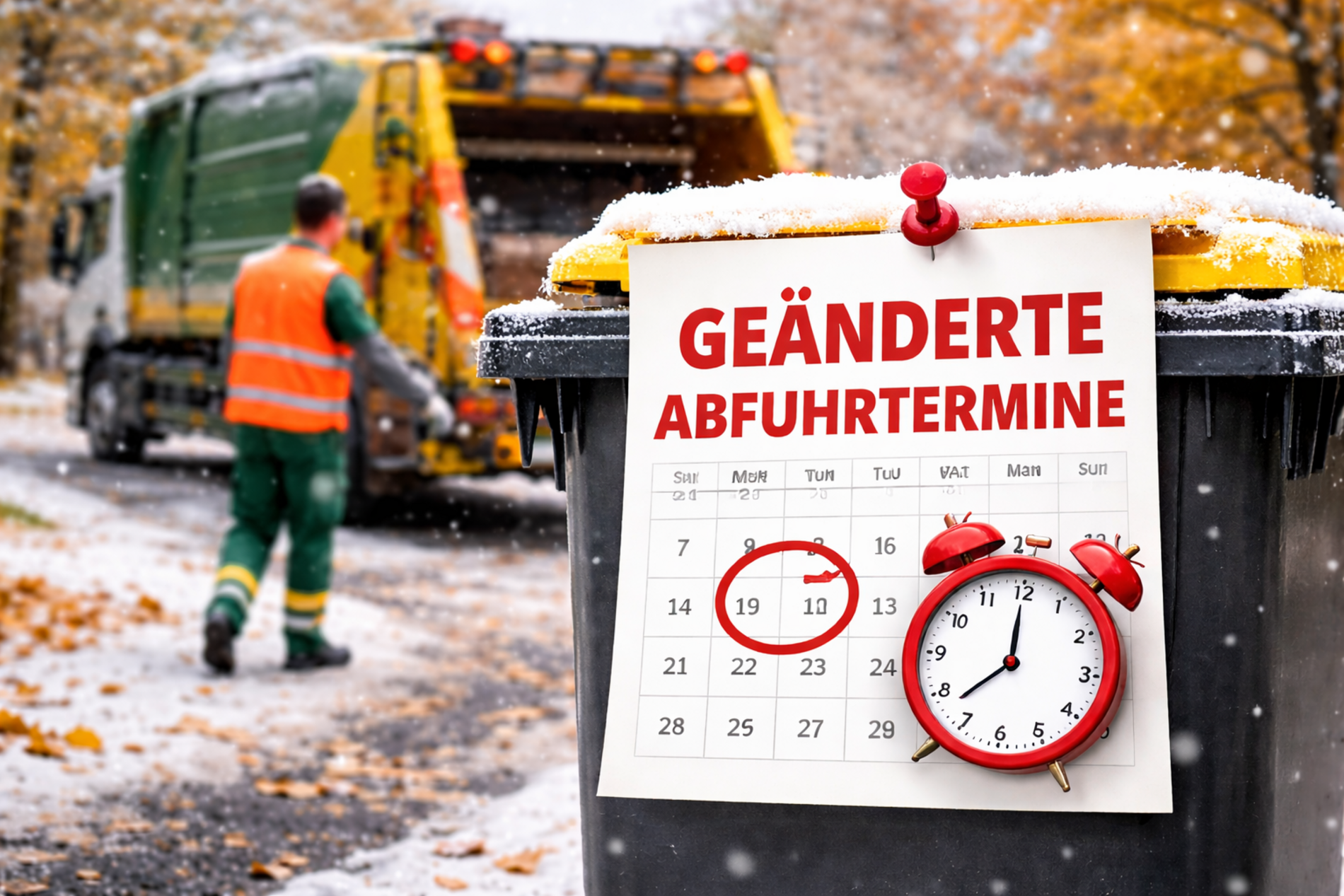 Das Foto zeigt eine Mülltonne, an der ein Zettel mit den geänderten Abfuhrterminen klebt.